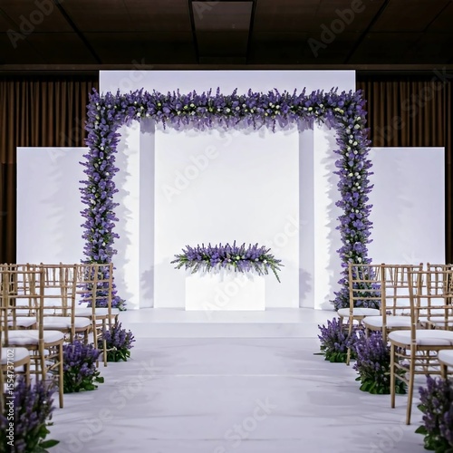  White wedding stage with lavender floral border and minimalist chairs.
