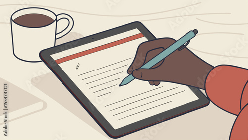 Person writing on a tablet with a stylus next to a mug of coffee on a light colored surface view