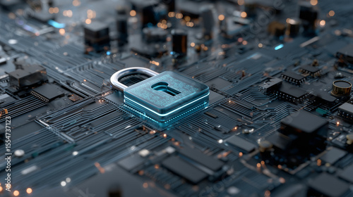 Digital padlock on blue circuit background