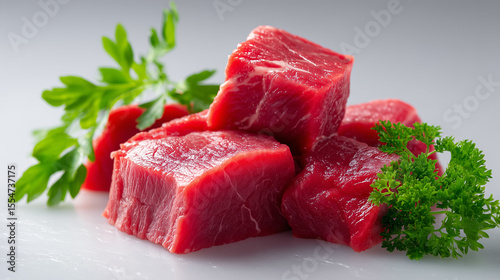 Fresh raw beef chunks on white