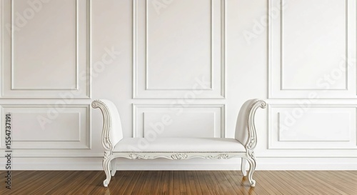  White wall with 3D panel design and classic wedding bench in front.