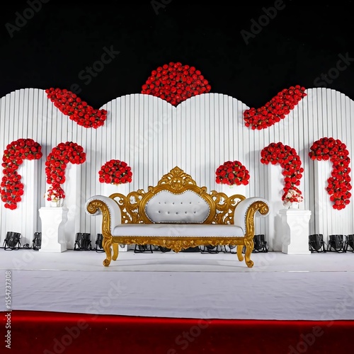 White stage with red floral highlights and gold-trimmed wedding seating.