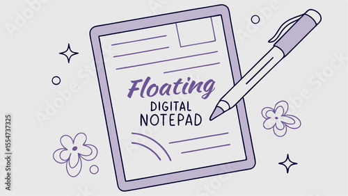 Illustration of a digital notepad with a pen and floral and star decorations in a light purple color scheme