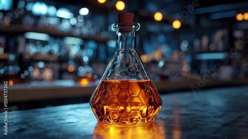 Amber liquid in a decorative glass decanter sits on a bar counter, softly illuminated.