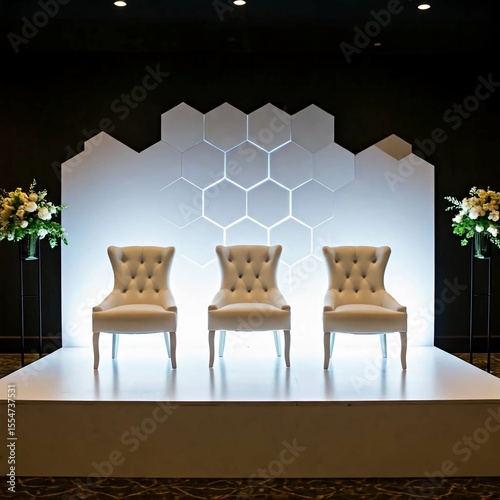 White seating stage with hexagonal LED panel lights behind the chairs.