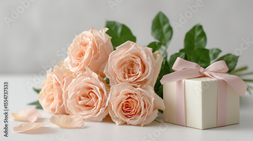 Romantic rose bouquet and pastel gift