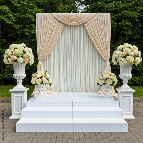 White platform with ivory fabric and traditional floral urns beside wedding chairs.