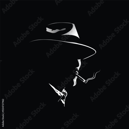 white silhouette vector of a man in fedora hat smoking isolated on black