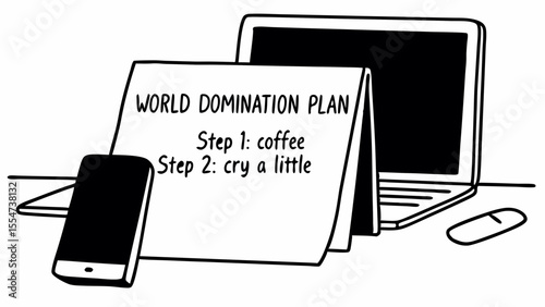 A world domination plan on a desk with a laptop phone and mouse in black and white minimalist style