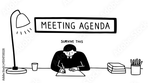 Illustration of a person at a desk with a lamp, books, pens, and a sign that says meeting agenda