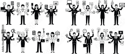 Business professionals multitasking with various items, illustration representing efficiency and productivity, art