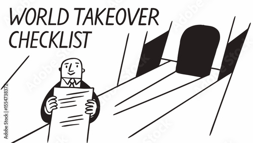 Man in suit holding checklist with world takeover text and a dark abstract shape in the background
