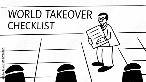 Cartoon of a man with glasses holding a checklist in front of a world takeover checklist board plan