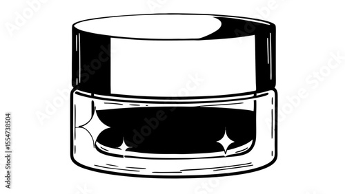 Illustration of a cosmetic cream jar with a white label and sparkles on the inside, black and white