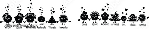 Cartoon shapes holding hands with cute faces, simple geometric figures illustration
