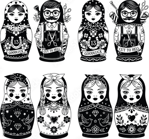 Collection of Black and White TattooStyle Matryoshka Dolls Illustrations for Print and Digital Projects