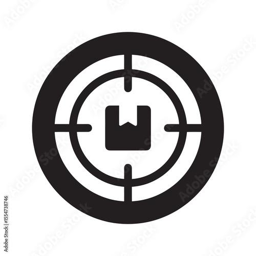 Package tracking icon with a box inside a target reticle for order delivery status shipment monitoring and logistics destination finding vector solid glyph icon