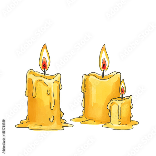 Charming Watercolor Illustration of Lit Candles with Dripping Wax Design Element