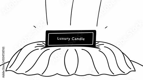 Illustration of a luxury candle on a draped surface with light rays emanating from the top edge