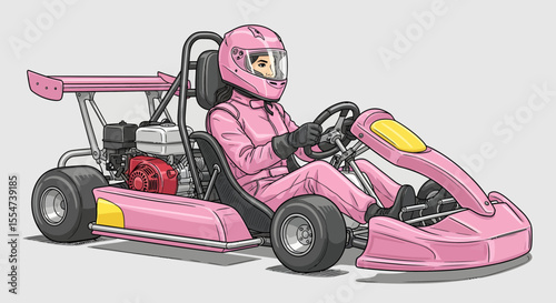 Illustration of a female race car driver in a pink go-kart with a helmet and racing suit