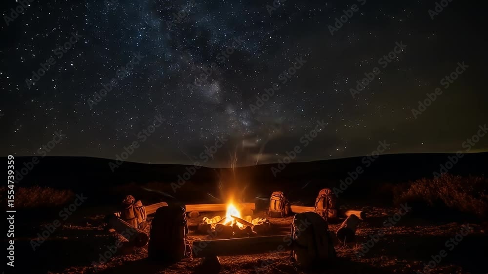 Campfire at Night Under Starry Sky and Milky Way Campfire at Night Under Starry Sky and Milky Way