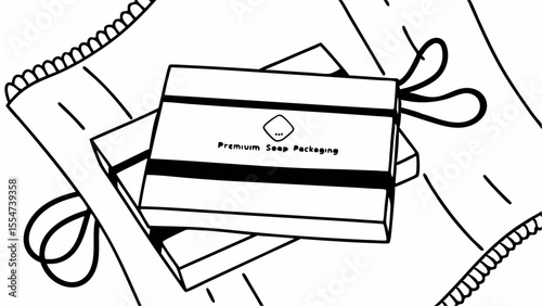Two premium soap packaging boxes with ribbon on a textured surface in a black and white illustration