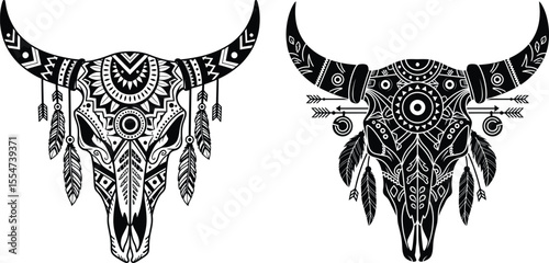 Decorative bull skull vectors with tribal design, feathers, and arrows embellishments