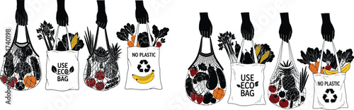 EcoFriendly Bags with Vegetables and Fruits in HandDrawn Style Illustration