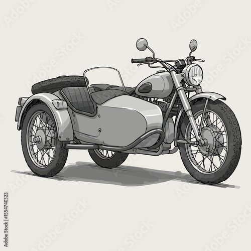 Vintage motorcycle with sidecar illustration, classic design and old style transport