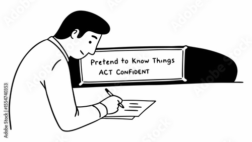 Man writing on paper next to a sign that says pretend to know things act confident illustration