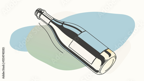 A bottle lying down with a blue label and a white label over a blue and green background art piece