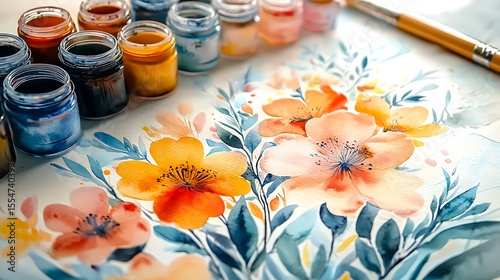 Vibrant Watercolor Floral Painting Artwork with Paint Jars and Brush