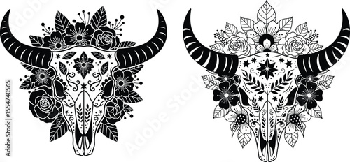 Floral ornamented bull skull with horns illustration for print and cut projects