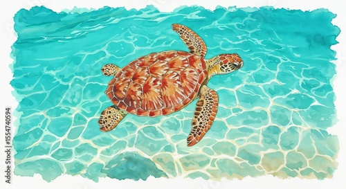 Watercolor sea turtle swimming scene naturalistic ocean background for educational and decorative use