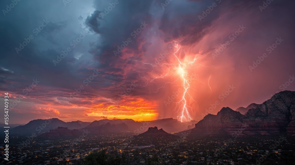 Fototapeta premium Dramatic Storm and Lightning Over Sedona Mountains: Nature’s Fiery, Moody Sunset