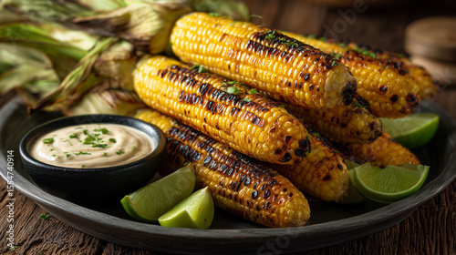Barbecue corn stacked on rustic table