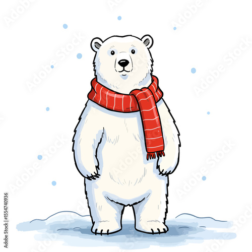 Charming polar bear cartoon illustration with red scarf on a snowy background