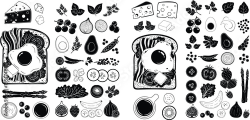 Handdrawn breakfast food illustrations, sandwich with egg, fruits, vegetables set