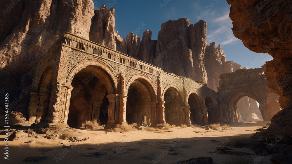 Naklejka premium Old stone structure with desert mountains
