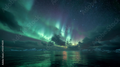 Magical northern lights above tranquil sea