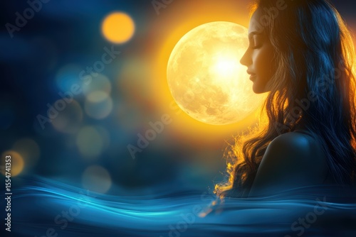 Parvati as moon goddess over geometric tides, minimalist monoline work