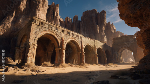 Old stone structure with desert mountains