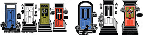 illustration of colorful front doors with potted plants and dogs silhouettes