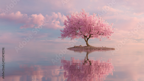 Tranquil water scene with pink blossom tree