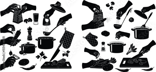 Illustration of Food Preparation Grating, Seasoning, Slicing, Peeling, and Cooking Vegetables