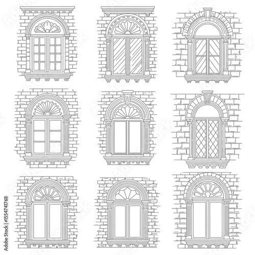 Architectural window vector collection showcasing diverse designs and brick wall details