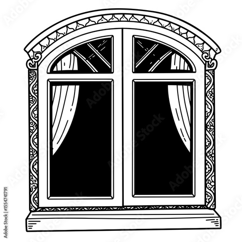 Elegant Arch Window with Decorative Frame and Curtains in Black and White Illustration