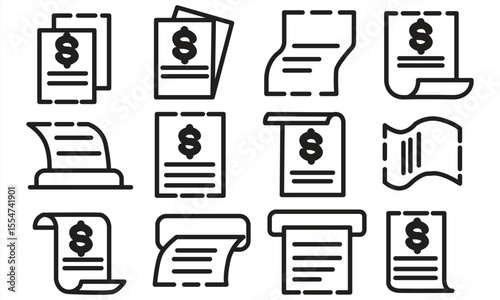 bill icon set, contract symbol, receipt, invoice, in outline style, eps 10 on white background, vector illustration.


