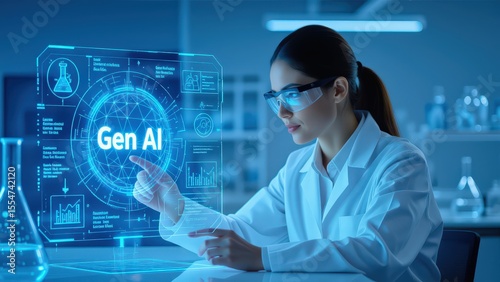 Female Scientist Using Holographic Interface to Explore Gen AI
