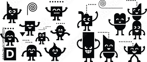 of geometric shape characters with arms and legs in a pattern